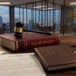 Vista en primer plano de un escritorio jurídico corporativo con documentos legales en español titulados "Escrito de Demanda" y "Resolución Judicial". En el centro, un libro de la "Ley de Amparo" con un mazo de juez de madera encima, al lado de una libreta de piel marrón con el logotipo de una letra "B" grabado en relieve ciego. Al fondo, se aprecia una oficina de abogados moderna con ventanales y vistas a la ciudad al atardecer.