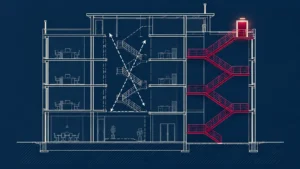 Diagrama de un edificio con la escalera interior tachada y la escalera exterior resaltada como única salida