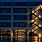 Providencias precautorias en juicio oral mercantil: fachada de un edificio con una escalera de emergencia exterior iluminada